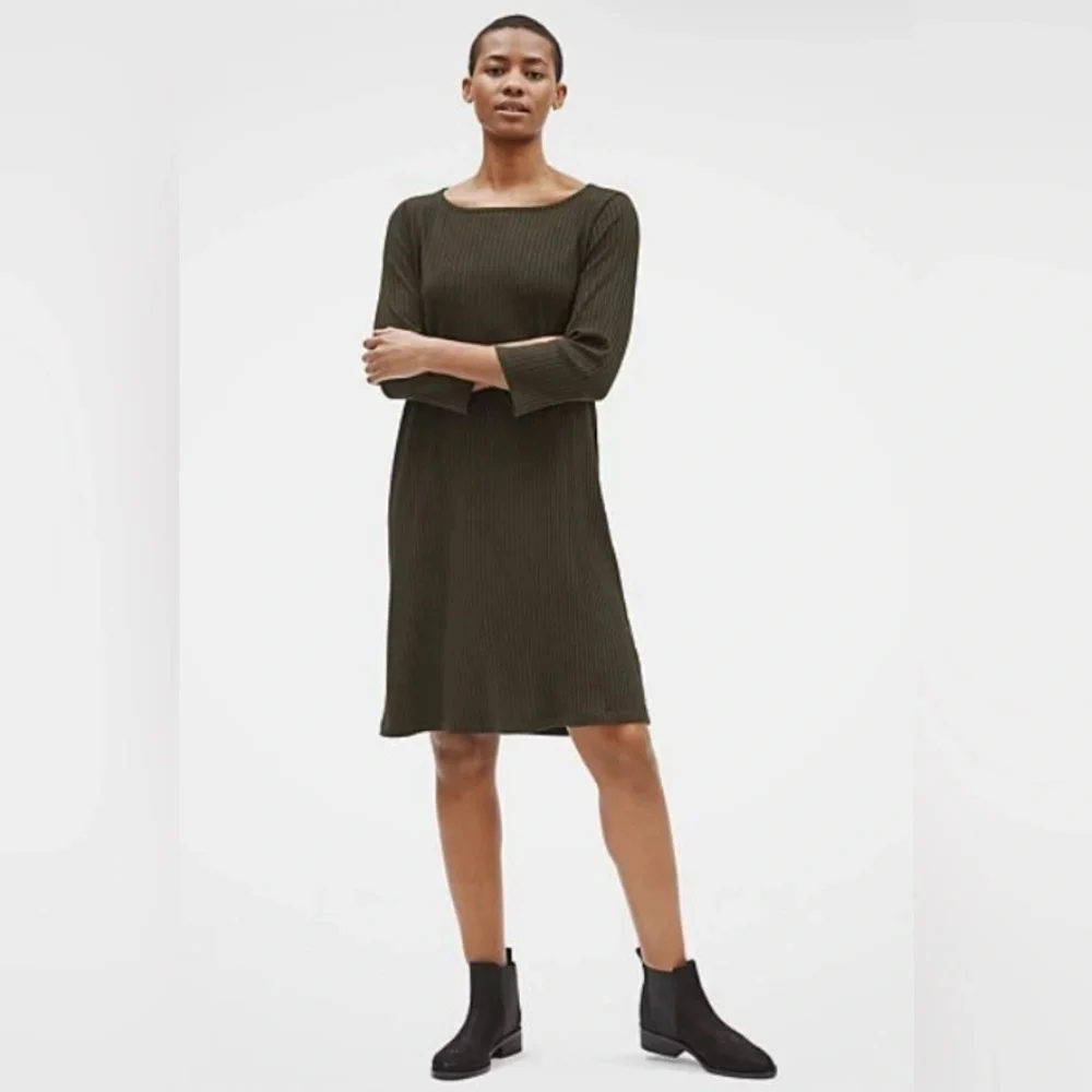 Eileen Fisher Tencel Stretch Rib Ribbed Knee Sleeved Green Olive Dress M New - Picture 3 of 8